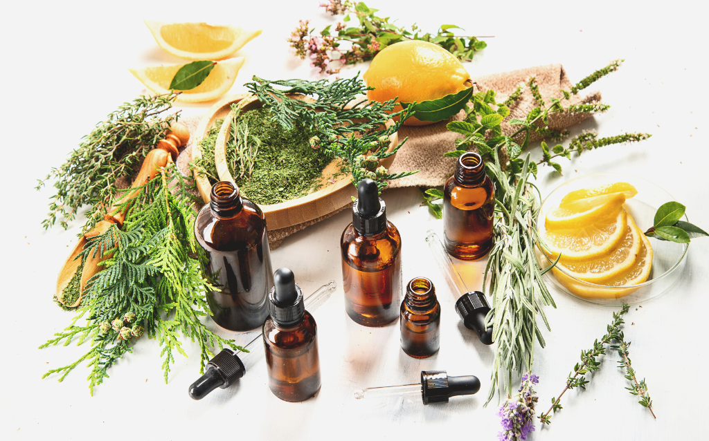 Lemons, herbs and 5 bottles of essential oils