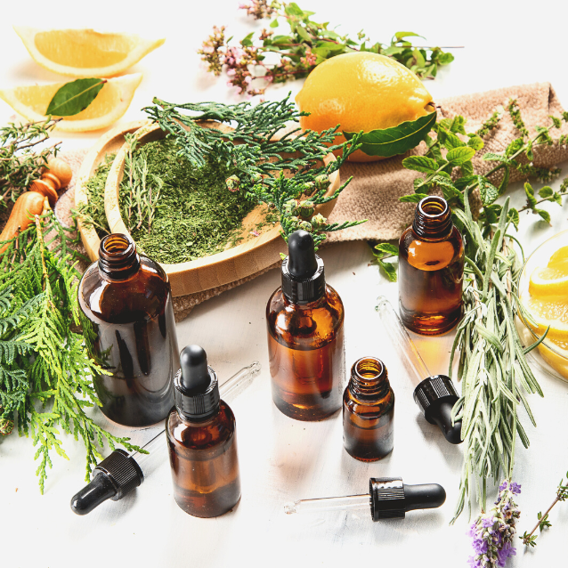 Lemons, herbs and 5 bottles of essential oils